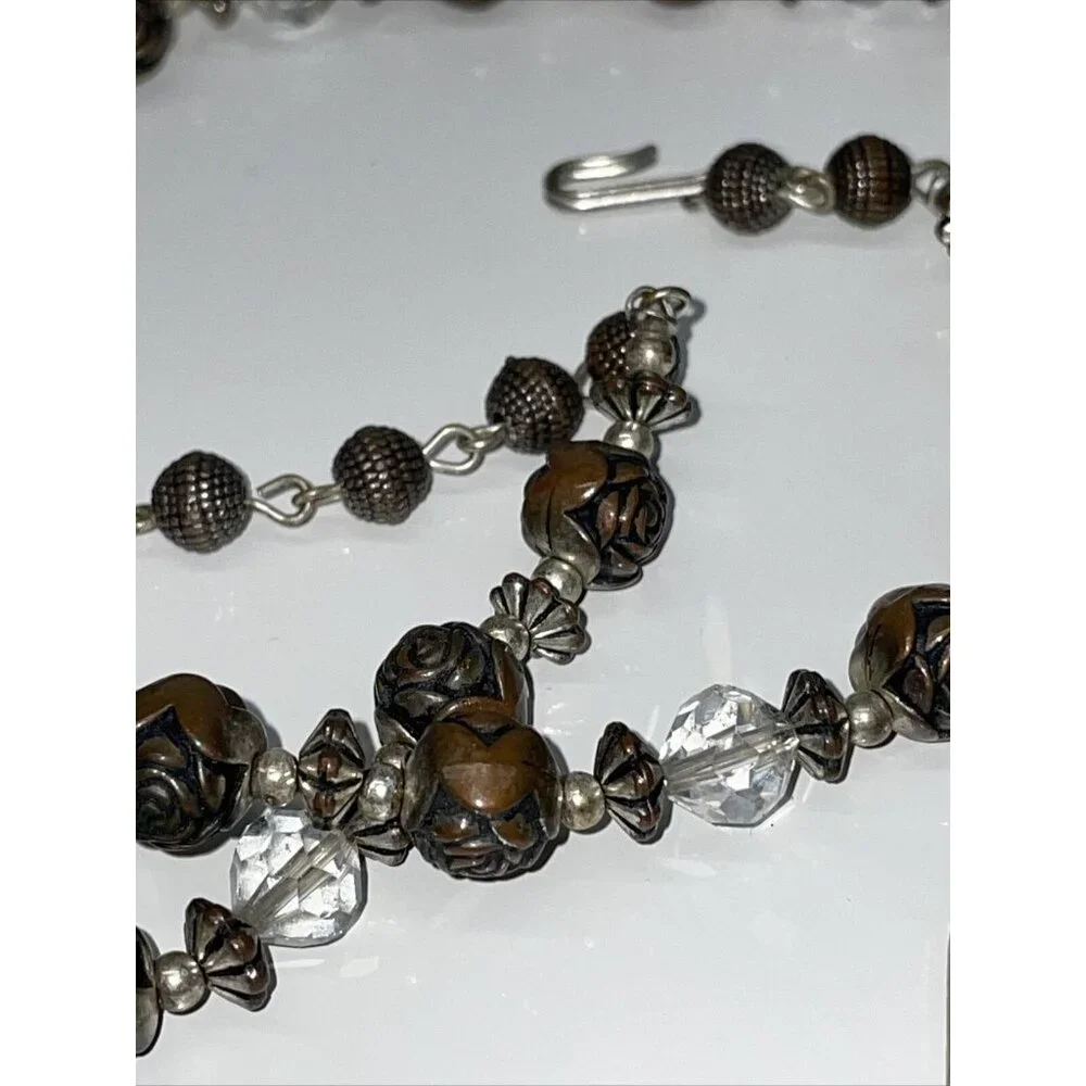 Vintage Brass Rose Pendant Necklace With Plastic Beaded Roses Filigree Stunning!